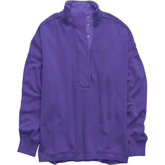 Women Purple Oversized Casual Long Sleeve Button Henley Neck Pullover Sweatshirt - Picture 5 of 5